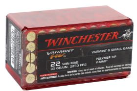 WINCHESTER VARMINT HV 22 WMR 30 GRAIN HORNADY V-MAX - S22M2PT Winchester Varmint HV 22 WMR 30 Grain Hornady V-Max ammo for sale online at cheap discount prices with free shipping available on bulk 22 WMR ammunition only at our online store TargetSportsUSA.com. Target Sports USA carries the entire line of Winchester ammunition for sale online with free shipping on bulk ammo including this Winchester Varmint HV 22 WMR 30 Grain Hornady V-Max. Winchester Varmint HV 22 WMR 30 Grain Hornady V-Max ammo review offers the following information; This rimfire cartridge is not only ideal for precision target shooting, silhouettes and plinking, its explosive on-target expansion makes it a small-game hunting and pest control powerhouse. This affordable and exceptional quality 22 WMR ammo is great for the cost-efficient varmint and small game hunter! The Winchester Varmint HV is loaded with a 30 grain Hornady V-Max bullet. Hornady's V-Max bullet features a polymer tip that enhances accuracy and promotes a devastating expansion. The polymer tip raises the ballistic coefficient for faster velocity and also acts as a wedge, initiating bullet expansion. The Winchester Varmint HV 22 WMR is a high velocity and accurate rimfire cartridge. This Winchester Varmint HV ammunition offers cost effective pricing without any compromise in quality or performance for the high volume shooter or hunter. So no matter what rimfire cartridge you choose, when you load up with Winchester, you're getting precision technology, highest-quality components, optimum reliability and superior performance. Winchester Varmint HV 22 WMR is non-corrosive, new production ammunition in boxer primer and features clean burning powder. Winchester 22 WMR ammo is packaged in boxes of 50 rounds or cases of 1000 rounds. Winchester Varmint HV load offers small game hunters a high performing cartridge that may be used for target shooting or plinking This affordable and exceptional quality 22 WMR ammo is great for the cost-efficient varmint and small game hunter Hornady's V-Max bullet features a polymer tip that enhances accuracy and promotes a devastating expansion MPN S22M2PT UPC 020892102811 Manufacturer WINCHESTER AMMO Caliber 22 WMR AMMO Bullet Type Hornady V-Max Muzzle Velocity 2250 fps Muzzle Energy 337 ft. lbs Primer Boxer Casing Brass Casing Ammo Rating Varmint, Plinking, & Small Game 22 WMR Ammo