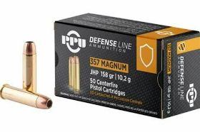 PRVI PARTIZAN DEFENSE LINE 357 MAGNUM AMMO 158 GRAIN JACKETED HOLLOW POINT - PPD357 Prvi Partizan Defense Line 357 Magnum Ammo 158 Grain Jacketed Hollow Point ammo for sale online at cheap discount prices with free shipping available on bulk 357 Magnum ammunition only at our online store TargetSportsUSA.com. Target Sports USA carries the entire line of Prvi Partizan ammunition for sale online with free shipping on bulk ammo including this Prvi Partizan Defense Line 357 Magnum Ammo 158 Grain Jacketed Hollow Point . Prvi Partizan Defense Line 357 Magnum Ammo 158 Grain Jacketed Hollow Point ammo review offers the following information; PPU 357 Magnum Self Defense Line ammo manufactured to strict quality and performance standards to exceed all expectations from a renowned World Class manufacturer of ammunition. PPU Defense Line is engineered to optimize firearm function and accurate delivery to target. Since 1928, Prvi Partizan has been manufacturing custom ammunition in Serbia for those shooters seeking experience in competition, indoor ranges, and big game hunting. Prvi Partizan is currently a modern factory that is side by side in association and competition with the most well-known ammo manufacturers around the world. Prvi Partizan ammo manufactures a wide range of commercial and military calibers for hunters and target shooters. All Prvi Partizan ammo meets SAAMI standards and is managed by an internal quality system to make sure there is 100% customer satisfaction. PPU handgun ammunition is brass cased, non-corrosive boxer primed and features an improved bullet designs which result in greater energy performance, bullet expansion and reliability.r. With a muzzle velocity of 1607 feet per second this 357 Magnum ammo by Prvi Partizan is a great production of ammo for those who are looking for the purpose of personal protection. Prvi Partizan is currently a modern factory that is side by side in association and competition with the most well-known ammo manufacturers around the world. MPN PPD357 UPC 8605003817765 Manufacturer PRVI PARTIZAN AMMO Caliber 357 MAGNUM AMMO Bullet Type Jacketed Hollow Point Muzzle Velocity 1607 fps Muzzle Energy 399 ft. lbs Primer Boxer Casing Brass Casing Ammo Rating Personal Protection & Self Defense 357 Magnum Ammo
