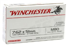 WINCHESTER USA 7.62X51MM NATO AMMO 149 M80 GRAIN FULL METAL JACKET - WM80 Winchester USA 7.62x51mm NATO Ammo 149 M80 Grain Full Metal Jacket ammo for sale online at cheap discount prices with free shipping available on bulk 7.62x51mm NATO ammunition only at our online store TargetSportsUSA.com. Target Sports USA carries the entire line of Winchester ammunition for sale online with free shipping on bulk ammo including this Winchester USA 7.62x51mm NATO Ammo 149 M80 Grain Full Metal Jacket. Winchester USA 7.62x51mm NATO Ammo 149 M80 Grain Full Metal Jacket ammo review offers the following information;To millions of gun and ammo enthusiasts worldwide, the name “Winchester” means quality and high-performance by the most complete and versatile line of ammunition in the world. Winchester ammunition products have a long history of innovation behind them and have set the worlds standard in superior shooting performance. Their Winchester M-22 22LR ammo as well as many others calibers use advanced technology to produce high quality ammo for everybody. To stay competitive in today's market, Winchester uses their value pack ammunition to meet the demand of price conscious buyers. In the end, regardless of what the sport, game or circumstances surrounding you, you can always depend on every cartridge in the Winchester Ammunition line to perform - as promised. Jacket Material: Steel or Gilding Metal (Copper) Core Material: Lead Bullet May Attract a Magnet MPN WM80 UPC 020892229716 Manufacturer WINCHESTER AMMO Caliber 7.62X51MM NATO AMMO Bullet Type Full Metal Jacket Muzzle Velocity 2790 fps Muzzle Energy ft. lbs Primer Boxer Casing Brass Casing Ammo Rating Target & Practice 7.62x51mm Ammo