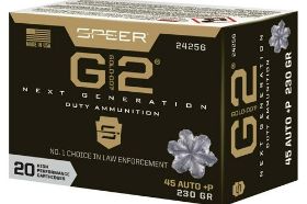 SPEER GOLD DOT G2 45 ACP AUTO AMMO 230 GRAIN +P JACKETED HOLLOW POINT - 54256 Speer Gold Dot G2 45 ACP AUTO Ammo 230 Grain +P Jacketed Hollow Point for sale online at cheap discount prices with free shipping available on bulk 45 ACP Auto ammunition only at our online store TargetSportsUSA.com. Target Sports USA carries the entire line of Speer Gold Dot LE ammunition for sale online with free shipping on bulk ammo including this Speer Gold Dot G2 45 ACP AUTO Ammo 230 Grain +P Jacketed Hollow Point. Speer Gold Dot G2 45 ACP AUTO Ammo 230 Grain +P Jacketed Hollow Point ammo review offers the following information; Each of these cartridges is assembled using a +P pressure charge for flatter .45 ACP trajectory and enhanced terminal effect, a reloadable brass casing which has been nickel-plated for corrosion resistance and dependable feeding, and the all-new Gold Dot G2 jacketed hollow-point (JHP) projectile. The G2 retains important features from the street-proven Gold Dot design including the shallow cavity with precise skiving for controlled expansion as well as Uni-Cor bonded jacket which will prevents separation from the lead core and preserves the penetration desired in duty and defense loads. For years, Speer Gold Dot has been the pinnacle of duty handgun ammunition performance. Gold Dot G2 builds on this reputation with a next-generation duty bullet design. Instead of a large cavity in the nose, Gold Dot G2 has only a shallow dish filled with a high-performance elastomer. On impact, the elastomer is forced into engineered internal fissures to start the expansion process, as opposed to conventional bullet designs, which rely on target media to enter the hollow-point and create expansion forces. The result is extremely uniform expansion, better separation of the petals, and more consistent penetration across barrier types, gun platforms and barrel lengths. Improvements made to the G2 design include a simple lip cannelure which aides in weight retention as well as an elastomer filling in the hollow cavity which does not extend past the cavity's mouth and interfere with proper chambering. This clear polymer filling serves to resist clogging from intermediate barriers like heavy clothing which is known to hamper expansion. Additionally, the elastomer material is driven backwards into the bullet upon impact and initiates a wider, petaled expansion in order to create more effective wound cavities within a threat. MPN 54256 UPC Manufacturer SPEER AMMO Caliber 45 ACP AUTO AMMO Bullet Type +P Jacketed Hollow Point Muzzle Velocity 950 fps Muzzle Energy 461 ft lbs Primer Boxer Casing Brass Casing Ammo Rating Personal Protection, Duty 45 ACP Auto Ammo