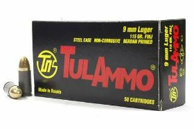 TUL AMMO 9MM LUGER AMMO 115 GRAIN FMJ STEEL CASE - TA919150 Tul Ammo 9mm Luger Ammo 115 Grain FMJ Steel Case ammo for sale online at cheap discount prices with free shipping available on bulk 9mm Luger ammunition only at our online store TargetSportsUSA.com. Target Sports USA carries the entire line of Tul ammunition for sale online with free shipping on bulk ammo including this Tul Ammo 9mm Luger Ammo 115 Grain FMJ Steel Case Tul Ammo 9mm Luger Ammo 115 Grain FMJ Steel Case ammo review offers the following information; Since 1880 the Tula Cartridge company has been a leader is the Russian ammunition manufacturing. Currently producing number caliber and cartridges for Central, North and South American, Tula also expanded into Australia and several countries in the Middle East. A perfect choice for competition and training round, 9mm Luger Ammo ammo from Tula has been tested in numerous weather conditions and climates to guarantee the highest success rate no matter what Mother Nature can throw at a marksmen. Constantly using the most up-to-date scientific and investigation information, Tula is able to design a close construction of expansion and manufacturing and active commercial policy - all of which make for a “stable, perspective and dynamic company”. 9mm Luger ammo by Tula Ammo is new production, non-corrosive, non-reloadable and features Polymer Coated Steel casing and Berdan primers. Tula Ammo 9mm Luger Ammo is packaged in boxes of 50 and cases of 1000. Tul Ammo 9mm has a copper wash over bimetal case with lead bullet Tul ammo is a perfect 9mm Luger Ammo choice for target and training round Tula Cartridge Company is a top ammunition seller all over the US and the world due to the fact that they are constantly using the most up-to-date scientific and investigation information MPN TA919150 UPC 814950011531 Manufacturer TULA AMMO Caliber 9MM LUGER AMMO Bullet Type FMJ-Full Metal Jacket Muzzle Velocity 1150 fps Muzzle Energy ft. lbs Primer Berdan Primer Casing Polymer coated steel case (Non-reloadable)/copper wash Ammo Rating Target & Practice 9mm Luger Ammo