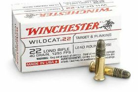 WINCHESTER WILDCAT 22 LONG RIFLE AMMO 40 GRAIN LEAD ROUND NOSE 500 ROUNDS - WW22LR Winchester Wildcat 22 Long Rifle 40 Grain Lead Round Nose ammo for sale online at cheap discount prices with free shipping available on bulk 22 Long Rifle ammunition only at our online store TargetSportsUSA.com. Target Sports USA carries the entire line of Winchester ammunition for sale online with free shipping on bulk ammo including this Winchester Wildcat 22 Long Rifle 40 Grain Lead Round Nose. Winchester Wildcat 22 Long Rifle 40 Grain Lead Round Nose ammo review offers the following information; This Winchester Wildcat 22 Long Rifle ammo features 40 grain lead round nose bullets. 22 Long Rifle by Winchester Wildcat has a muzzle velocity of 1255 feet per second and muzzle energy of 140 foot pounds. The Winchester Wildcat 22 Long Rifle ammo is ideal for varmint hunting applications. Wildcat produces excellent accuracy, sure functioning, and offers a lubricated bullet. Winchester Wildcat 22 Long Rifle is new production, non-corrosive, reloadable, and features boxer primer and brass casing. To millions of gun and ammo enthusiasts worldwide, the name “Winchester” means quality and high-performance by the most complete and versatile line of ammunition in the world. Winchester ammunition products have a long history of innovation behind them and have set the worlds standard in superior shooting performance. Their Winchester M-22 22LR ammo as well as many others calibers use advanced technology to produce high quality ammo for everybody. To stay competitive in today's market, Winchester uses their value pack ammunition to meet the demand of price conscious buyers. In the end, regardless of what the sport, game or circumstances surrounding you, you can always depend on every cartridge in the Winchester Ammunition line to perform - as promised. 22 Long Rifle by Winchester Wildcat has a muzzle velocity of 1255 feet per second and muzzle energy of 140 foot pounds The Winchester Wildcat 22 Long Rifle ammo is ideal for varmint hunting applications Wildcat produces excellent accuracy, sure functioning, and offers a lubricated bullet MPN WW22LR UPC 020892100060 Manufacturer WINCHESTER AMMUNITION Caliber 22 LONG RIFLE AMMO Bullet Type Lead Round Nose Muzzle Velocity 1255 fps Muzzle Energy 140 ft. lbs Primer Boxer Casing Brass Casing Ammo Rating Plinking and Target 22 Long Rifle Ammo