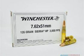 WINCHESTER 7.62X51MM NATO AMMO 135 GRAIN SIERRA HOLLOW POINT - AU762135 Winchester 7.62x51mm NATO Ammo 135 Grain Sierra Hollow Point ammo for sale online at cheap discount prices with free shipping available on bulk 7.62x51mm ammunition only at our online store TargetSportsUSA.com. Target Sports USA carries and sells the entire line of Winchester ammunition for sale with free shipping on bulk ammo including this Winchester 7.62x51mm NATO Ammo 135 Grain Sierra Hollow Point. Winchester 7.62x51mm NATO Ammo 135 Grain Sierra Hollow Point review offers the following information;To millions of gun and ammo enthusiasts worldwide, the name “Winchester” means quality and high-performance by the most complete and versatile line of ammunition in the world. Winchester ammunition products have a long history of innovation behind them and have set the worlds standard in superior shooting performance. Their Winchester M-22 22LR ammo as well as many others calibers use advanced technology to produce high quality ammo for everybody. To stay competitive in today's market, Winchester uses their value pack ammunition to meet the demand of price conscious buyers. In the end, regardless of what the sport, game or circumstances surrounding you, you can always depend on every cartridge in the Winchester Ammunition line to perform - as promised. MPN AU762135 UPC 020892227859 Manufacturer WINCHESTER AMMO Caliber 7.62X51MM NATO AMMO Bullet Type Sierra Hollow Point Muzzle Velocity 3000 fps Muzzle Energy ft lbs Primer Boxer Casing Brass Casing Ammo Rating Hunting, Self Defense 7.62x51NATO Ammo