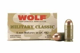 WOLF MILITARY CLASSIC 9MM MAKAROV AMMO 95 GRAIN FMJ STEEL CASE-MC918FMJ Wolf Military Classic 9mm Makarov Ammo 95 Grain FMJ Steel Case ammo for sale online at cheap discount prices with free shipping available on bulk 9mm Makarov ammunition only at our online store TargetSportsUSA.com. Target Sports USA carries the entire line of Wolf Military Classic ammunition for sale online with free shipping on bulk ammo including this Wolf Military Classic 9mm Makarov Ammo 95 Grain FMJ Steel Case. Wolf Military Classic 9mm Makarov Ammo 95 Grain FMJ Steel Case ammo review offers the following information; An excellent choice for recreational shooting, this Wolf Military Classic 9mm Makarov is always consistent, dependable and reliable; a major factor in high volume competition. This Wolf Military Classic 9mm Makarov is loaded with a 95 grain Bi-Metal Full Metal Jacket bullet. Wolf Military Classic is forged from a Bi-Metal design, a process in which the bullet is made by pressing together alternating sheets of copper and steel to be used as the jacket. By doing this, Wolf has made a dependable and durable bullet, while still keeping it inexpensive for the general market. This ammunition features a polymer coating to ensure smooth feeding and extraction. Wolf Military Classic ammunition is held to some of the highest standards and goes through rigorous testing before being put out on the market, yet it is still one of the most reasonably priced manufacturers selling to the general public today! WPA ammunition is made in Russia by Barnaul. Wolf Military Classic ammunition features a Mil-Spec design delivering reliable functioning. Wolf Military Classic is non-corrosive, new production ammunition in Berdan primer and non-reloadable steel cases. Wolf 9mm Makarov ammo is packaged in boxes of 50 rounds or cases of 1000 rounds. Purchase a case of Wolf Military Classic 9mm Makarov bulk ammo from Target Sports USA and receive free shipping! This Wolf 9mm Makarov ammunition features a polymer coating to ensure smooth feeding and extraction Wolf ammo is held to some of the highest standards and goes through rigorous testing before being put out on the market Bi-Metal bullets are designed by by pressing together alternating sheets of copper and steel to be used as the jacket MPN MC918FMJ UPC 645611300912 Manufacturer WOLF AMMO Caliber 9MM MAKAROV AMMO Bullet Type Full Metal Jacket Muzzle Velocity 1033 fps Muzzle Energy 225 ft. lbs Primer Berdan Casing Steel Casing Ammo Rating Target Shooting & Practice 9mm Makarov Ammo