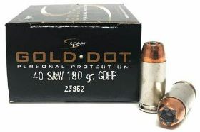 SPEER GOLD DOT SHORT BARREL 40 S&W AMMO 180 GRAIN JACKETED HOLLOW POINT - 23974GD Speer Gold Dot Short Barrel 40 S&W Ammo 180 Grain Jacketed Hollow Point ammo for sale online at cheap discount prices with free shipping available on bulk 40 S&W ammunition only at our online store TargetSportsUSA.com. Target Sports USA carries the entire line of Speer Gold Dot ammunition for sale online with free shipping on bulk ammo including this Speer Gold Dot Short Barrel 40 S&W Ammo 180 Grain Jacketed Hollow Point. Speer Gold Dot Short Barrel 40 S&W Ammo 180 Grain Jacketed Hollow Point review offers the following information; Speer Gold Dot ammunition continues dominating the law enforcement community! Gold Dot high performance handgun ammunition has earned the trust of thousands of law enforcement officers across America and around the world. Its proven reliability for tough jobs has made it the top duty ammunition on the market today. Private Citizens too, can count on Gold Dot's superb performance, accuracy, and reliability with their Personal Protection line; whether consumers need the best for concealed carry, home protection, or target shooting, Gold Dot delivers, shot after shot. This Speer Gold Dot 40 S&W ammunition is loaded with a 180 grain Jacketed Hollow Point bullet. Speer bonds the jacket to the core one molecule at a time. This process eliminates core-jacket separation, which is the leading cause of handgun bullet failures and often inherent in the design of conventional bullets. The hollow point cavity is formed in two stages. The first establishes how far the bullet can expand; the second controls the rate of expansion. This patented two-step cavity formation gives Speer engineer’s incredible control in the design process. Each bullet caliber and weight is tuned for optimum expansion and penetration. The bullet is finished to provide a smooth profile for reliable feeding in semi-auto handguns. This Speer Gold Dot ammo is packaged in boxes of 20 rounds and cases of 200 rounds with free shipping available on bulk orders from Target Sports USA. Speer Gold Dot Ammunition is loaded with bonded core bullets and designed for home defense and personal protection 40 S&W ammo is reloadable, features nickel plated brass cases and Boxer primers Bonding the jacket to the core means the elimination of core-jacket separations and superior weight retention MPN 23974GD UPC 604544647303 Manufacturer SPEER AMMO Caliber 40 S&W AMMO Bullet Type Jacketed Hollow Point Muzzle Velocity 950 fps Muzzle Energy 361 ft. lbs. Primer Boxer Casing Nickel Plated Brass Casing Ammo Rating Personal Protection 40 S&W Ammo