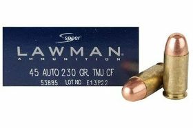 SPEER LAWMAN 45 ACP AUTO AMMO 230 GRAIN TOTAL METAL JACKET - 53653 Speer Lawman 45 ACP AUTO Ammo 230 Grain Total Metal Jacket for sale online at cheap discount prices with free shipping available on bulk 45 ACP Auto ammunition only at our online store TargetSportsUSA.com. Target Sports USA carries the entire line of Speer Lawman ammunition for sale online with free shipping on bulk ammo including this Speer Lawman 45 ACP AUTO Ammo 230 Grain Total Metal Jacket. Speer Lawman 45 ACP AUTO Ammo 230 Grain Total Metal Jacket ammo review offers the following information; Speer Lawman remains the best choice and this is the best quality law enforcement ammo on the market- period. Developed as a dual line for both law enforcement and sports shooters 35 years ago, the Lawman line has been earning its well-deserved status with its reliable, durable and superior preforming handgun ammunition. Speer Lawman completed its 45 ACP AUTO ammunition to be Total Metal Jacket or orthodox Full Metal Jacket depending on the product. Settled in Lewiston, ID, Speer ammunition has been synonymous with safety for Law Enforcement for years and the Lawman line built the reputation line from the ground up! Without a doubt, Speer Lawman is remains the best choice and this is the best quality law enforcement on the market- period. This Speer Lawman 45 ACP AUTO ammunition is loaded with a 230 grain Total Metal Jacket bullet. Speer Lawman completed its 45 ACP AUTO ammunition to be Total Metal Jacket or orthodox Full Metal Jacket depending on the product. The Total Metal Jacket bullet is the perfect pick for target shooting, training, or out for the day plinking away at the range. Speer Lawman packages this 45 ACP AUTO ammo in boxes of 50 and cases of 1000. Order a case of bulk 45 ACP AUTO ammo by Speer Lawman, receive free shipping from Target Sports USA. The Lawman line has been earning its well-deserved status with its reliable, durable and superior preforming handgun ammunition TMJ is a clean burning powder and primers means almost no toxic airborne metals at the firing line CCI primers and Speer bullets, Lawman Ammunition is a great mixture of budget and presentation MPN 53653 UPC 076683538857 Manufacturer SPEER AMMO Caliber 45 ACP AUTO Bullet Type Total Metal Jacket Muzzle Velocity 830 fps Muzzle Energy 352 ft lbs Primer Boxer Casing Brass Casing Ammo Rating Target and Practice 45 ACP Auto Ammo