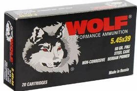 WOLF PERFORMANCE 5.45 X 39MM AMMO 60 GRAIN FULL METAL JACKET STEEL CASE - 545BFMJ Wolf Performance 5.45 x 39mm Ammo 60 Grain Full Metal Jacket Steel Case ammo for sale online at cheap discount prices with free shipping available on bulk 5.45x39mm Russian ammunition only at our online store TargetSportsUSA.com. Target Sports USA carries the entire line of Wolf ammunition for sale online with free shipping on bulk ammo including this Wolf Performance 5.45 x 39mm Ammo 60 Grain Full Metal Jacket Steel Case. Wolf Performance 5.45 x 39mm Ammo 60 Grain Full Metal Jacket Steel Case ammo review offers the following information; Wolf WPA Polyformance Centerfire Rifle Ammunition is a high-quality round made with a covering of polymer that allows the bullet to be easily loaded as well as easily withdrawn. This coating makes the whole round hard as well as resistant to pressure and extreme outside elements. This ammunition is generally recommended for new shooters who would like to improve their skills. This is because of the affordable price that you can get them for as well as the quality material they are made from. MPN 545BFMJ UPC 645611545214 Manufacturer WOLF MILITARY AMMO Caliber 5.45X39MM AMMO Bullet Type FMJ- Full Metal Jacket Muzzle Velocity 2936 fps Muzzle Energy ft. lbs Primer Boxer Casing Steel Case Ammo Rating Target, Practice, Hunting 5.45x39 Ammo