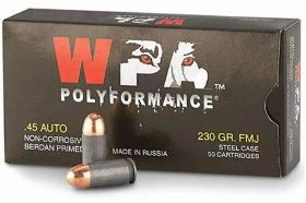 WOLF PERFORMANCE 45 ACP AUTO AMMO 230 GRAIN FMJ STEEL CASE - P45FMJ Wolf Performance 45 ACP AUTO Ammo 230 Grain FMJ Steel Case ammo for sale online at cheap discount prices with free shipping available on bulk 45 ACP ammunition only at our online store TargetSportsUSA.com. Target Sports USA carries the entire line of Wolf Performance ammunition for sale online with free shipping on bulk ammo including this Wolf Performance 45 ACP AUTO Ammo 230 Grain FMJ Steel Case. Wolf Performance 45 ACP AUTO Ammo 230 Grain FMJ Steel Case Ammo review offers the following information; Wolf specially formulated Performance coating ensures smoother feeding and extraction. Now available in even more calibers for all of your recreational, competitive, and tactical shooting enjoyment. The manufacturer is "Tula Cartridge Works and Ulyanovsk Cartridge Works. MPN P45FMJ UPC 645611308611 Manufacturer WOLF POLYFORMANCE AMMO Caliber 45 ACP AUTO AMMO Bullet Type FMJ-Full Metal Jacket Muzzle Velocity fps Muzzle Energy ft. lbs Primer Berdan Casing Steel Case Ammo Rating Target & Practice 45 ACP Ammo