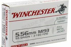 WINCHESTER USA 5.56X45MM NATO M193 AMMO 55 GRAIN FMJ - WM193K Winchester USA 5.56x45mm NATO M193 Ammo 55 Grain FMJ for sale online at cheap discount prices with free shipping available on bulk 5.56x45mm NATO ammunition only at our online store TargetSportsUSA.com. Target Sports USA carries the entire line of Winchester USA ammunition for sale online with free shipping on bulk ammo including this Winchester USA 5.56x45mm NATO M193 Ammo 55 Grain FMJ. Winchester USA 5.56x45mm NATO M193 Ammo 55 Grain FMJ review offers the following information; For serious shooters, USA Ammunition is the ideal choice for training, competition or a long session at the range. The easily identifiable white box means high quality and reliability at a low price. This ammunition is loaded with a full metal jacket bullet which is known for its positive functioning and exceptional accuracy. On impact this bullet does not expand and is ideal for target shooting. This ammunition is new production, non-corrosive, in boxer primed, reloadable brass cases. MPN WM193K UPC 020892201880 Manufacturer WINCHESTER AMMO Caliber 5.56MM NATO AMMO Bullet Type Full Metal Jacket Muzzle Velocity 3180 fps Muzzle Energy ft. lbs Primer Boxer Casing Brass Casing Ammo Rating Target Shooting 5.56mm Ammo