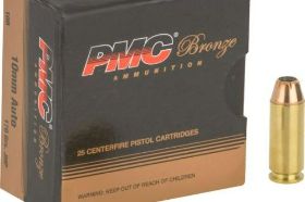 PMC BRONZE 10MM AUTO AMMO 170 GRAIN JACKETED HOLLOW POINT - 10B PMC Bronze 10mm Auto Ammo 170 Grain Jacketed Hollow Point ammo for sale online at cheap discount prices with free shipping available on bulk 10mm Auto ammunition only at our online store TargetSportsUSA.com. Target Sports USA carries the entire line of PMC Bronze ammunition for sale online with free shipping on bulk ammo including this PMC Bronze 10mm Auto Ammo 170 Grain Jacketed Hollow Point. PMC Bronze 10mm Auto Ammo 170 Grain Jacketed Hollow Point ammo review offers the following information; No other ammunition manufacturer can assure shooters greater uniformity and reliability than PMC! This PMC Bronze 10mm Auto ammunition is loaded with a 170 grain Jacketed Hollow Point bullet. The exposed lead at the tip of the Jacketed Hollow Point bullet quickly initiates uniform controlled expansion that progresses to the full depth of the cavity. Penetration is also controlled for maximum energy transfer to the target, assuring its suitability as a hunting bullet. Shooters can expect outstanding accuracy and bullet integrity with PMC's Jacketed Hollow Point cartridges! PMC Bronze 10mm Auto is non-corrosive, new production ammunition in boxer primer and brass cases. This PMC ammo is completely reloadable for those high volume shooters who love to reload their 10mm Auto ammo. PMC Bronze 10mm Auto ammo is packaged in boxes of 25 rounds or cases of 500 rounds. Free shipping is available on bulk orders of this ammo from Target Sports USA. PMC (Precision Made Cartridges) Ammunition is a division of Poongsan Corporation that produces carefully crafted ammo with brass and other components manufactured in house, eliminating the need for dependence on outside suppliers. This translates to reliable quality control and top quality ammo that is always compliant with either SAAMI or US Military Specification standards. Between the quality assurance and the great value, PMC ammo can be depended on with each round. PMC Bronze 10mm Auto is non-corrosive, new production ammunition in boxer primer and brass cases The exposed lead at the tip of the Jacketed Hollow Point bullet quickly initiates uniform controlled expansion that progresses to the full depth of the cavity Shooters can expect outstanding accuracy and bullet integrity with PMC's Jacketed Hollow Point cartridges MPN 10B UPC 741569200011 Manufacturer PMC AMMO Caliber 10MM AUTO AMMO Bullet Type Jacketed Hollow Point Muzzle Velocity 1200 fps Muzzle Energy 543 ft. lbs Primer Boxer Casing Brass Casing Ammo Rating Target Shooting & Self Defense 10mm Auto Ammo