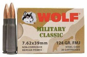 WOLF MILITARY CLASSIC 7.62X39MM AMMO 124 GR FMJ STEEL CASE-MC762FMJ Wolf Military Classic 7.62x39mm Ammo 124 Gr FMJ Steel Case ammo for sale online at cheap discount prices with free shipping available on bulk 7.62x39mm ammunition only at our online store TargetSportsUSA.com. Target Sports USA carries the entire line of Wolf Miltary Classic ammunition for sale online with free shipping on bulk ammo including this Wolf Military Classic 7.62x39mm Ammo 124 Gr FMJ Steel Case. Wolf Military Classic 7.62x39mm Ammo 124 Gr FMJ Steel Case ammo review offers the following information; WPA Wolf ammunition is made in Russia by Barnaul. Wolf Military Classic ammunition features a Mil-Spec design delivering reliable functioning along with a polymer coating to ensure smooth feeding and extraction. This Wolf Military Classic 7.62x39mm ammunition is loaded with a 124 grain Bi-Metal Full Metal Jacket bullet. Bi-metal bullets feature a jacket consisting of alternating sheets of copper and steel, then pressed together. The heat generated from the pressure fuses the sheets of copper and steel together forming a new alloy called bi-metal. This technique results in high quality, yet inexpensive ammunition for the high volume shooter. This ammunition features a polymer coating to ensure smooth feeding and extraction. Wolf Military Classic ammunition is held to some of the highest standards and goes through rigorous testing before being put out on the market, yet it is still one of the most reasonably priced manufacturers selling to the general public today! High quality Russian primers deliver reliable ignition and functioning in adverse conditions Wolf Military Classic is non-corrosive, new production ammunition in Berdan primer and non-reloadable steel cases. Wolf 7.62x39mm ammo is packaged in boxes of 20 rounds or cases of 1000 rounds. Purchase a case of Wolf Military Classic 7.62x39mm bulk ammo from Target Sports USA and receive free shipping! Wolf Military Classic ammunition is held to some of the highest standards and goes through rigorous testing Bi-metal bullets feature a jacket consisting of alternating sheets of copper and steel, then pressed together This Wolf Military Classic 7.62x39mm ammunition is perfect for target shooting and practice MPN MC762FMJ UPC 645611300714 Manufacturer WOLF AMMO Caliber 7.62X39MM AMMO Bullet Type Full Metal Jacket Muzzle Velocity 2330 fps Muzzle Energy ft. lbs Primer Berdan Primer Casing Steel Casing Ammo Rating Target & Practice & Hunting 7.62x39mm Ammo