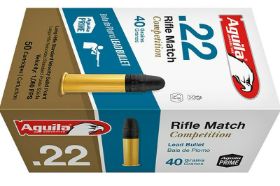 AGUILA RIFLE MATCH 22 LONG RIFLE AMMO 40 GRAIN LEAD ROUND NOSE - 1B220518 Aguila SuperExtra 22 Long Rifle Ammo 40 Grain High Velocity Plated Lead Round Nose ammo for sale online at cheap discount prices with free shipping available on bulk 22 Long Rifle ammunition only at our online store TargetSportsUSA.com. Target Sports USA carries the entire line of Aguila ammunition for sale online with free shipping on bulk ammo including this Aguila SuperExtra 22 Long Rifle Ammo 40 Grain High Velocity Plated Lead Round Nose. Aguila SuperExtra 22 Long Rifle Ammo 40 Grain High Velocity Plated Lead Round Nose ammo review offers the following information: Aguila Rifle Match 22 Long Rifle ammo for sale online at cheap discount price with free shipping on bulk ammo available. For over 50 years Aguila has been dedicated to the development and manufacturing of self-defense, recreational, hunting, law enforcement, and military ammunition. Aguila is proud to offer an extensive line of ammunition and is recognized as one of the largest rimfire manufacturers in the world! Their ammunition is produced in a newly updated state of the art facility that combines today's technology and premium raw materials with some of the most extensive quality control processes in the industry. Aguila Rifle Match ammunition was specifically designed to be used in pistols and is loaded with a special blend of powder to produce the optimum burn rate. This Aguila 22 Long Rifle ammunition is loaded with a 40 grain Lead Round Nose bullet. All Aguila meets SAAMI and CIP standards guaranteeing the reliability and performance that customers demand. Aguila ammunition is manufactured by Tecnos Industrias, which is Remington's plant in Mexico, and is premium quality. This Aguila Rifle Match 22 Long Rifle ammunition is recommended for use in bolt action rifles. Aguila Rifle Match is non-corrosive, new production ammunition in boxer primer and reloadable brass cases. Aguila Rifle Match 22 Long Rifle ammo is packaged in boxes of 50 rounds. Aguila Rifle Match ammo was designed to be used in pistols and is loaded with a special blend of powder to produce the optimum burn rate All Aguila meets SAAMI and CIP standards guaranteeing the reliability and performance that customers demand This Aguila Rifle Match 22 Long Rifle ammunition is recommended for use in bolt action rifles MPN 1B220518 UPC 640420001517 Manufacturer AGUILA AMMO Caliber 22 LONG RIFLE AMMO Bullet Type Subsonic Lead Round Nose Muzzle Velocity 1080 fps Muzzle Energy 100 ft. lbs. Primer Boxer Casing Brass Casing Ammo Rating Match Competition 22 Long Rifle Ammo