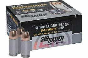 SIG SAUER ELITE PERFORMANCE 9MM LUGER AMMO 147 GRAIN V-CROWN JHP 50 ROUNDS-147 GRAIN V-CROWN JHP 50 R Sig Sauer Elite Performance 9mm Luger Ammo 147 Grain V-Crown Jacketed Hollow Point ammo for sale online at cheap discount prices with free shipping available on bulk 9mm Luger ammunition only at our online store TargetSportsUSA.com. Target Sports USA carries the entire line of Sig Sauer ammunition for sale online with free shipping on bulk ammo including this Sig Sauer Elite Performance 9mm Luger Ammo 147 Grain V-Crown Jacketed Hollow Point. Sig Sauer Elite Performance 9mm Luger Ammo 147 Grain V-Crown Jacketed Hollow Point ammo review offers the following information; Stationed in New England, this American made brand is known for many of their superior firearms along with many additional products, now including ammunition. An extremely popular firearm brand throughout the USA with military and law enforcement, Sig Sauer decided to expand into ammunition carrying that same high quality standard especially with the Elite Performance V-Crown line. This Sig Sauer Elite Performance 9mm Luger is loaded with a 147 grain V-Crown Jacketed Hollow Point bullet. The V-Crown Bullet offers incredible performance with reliable feeding and massive expansion for an impressive wound channel. Sig Sauer developed the Elite Performance V-Crown with an exclusive “toothed cannelure” about mid-way on the bullet, this allows the jacket and the core to attach more efficiently. By designing this, Sig Sauer is able to deliver excellent mechanical reliability in a jacketed design, safeguarding maximum weight retention and extraordinary terminal performance. The casing of these 9mm Luger are TECHNI-CROM coated, this improved lubricity, superior corrosion resistance, and reliable feeding and extraction. Sig Sauer Elite Performance ammunition (EPA) was calculated and manufactured as the new succession of premium superiority in personal protection ammo, featuring their state of the art V-Crown Jacketed Hollow Point rounds, producing immense expansion and destructive terminal ballistics. This Sig Sauer Elite Performance 9mm Luger is new production, non-corrosive, reloadable ammo in boxer primed and nickel plated brass cases. Sig Sauer 9mm Luger ammo is packaged in boxes of 50 rounds and cases of 500 rounds. Purchase a case of Sig Sauer Elite Performance 9mm Luger bulk ammo from Target Sports USA and receive free shipping! Sig Sauer is proudly made in the United States, stationed in New England Sig Sauer V-Crown Jacketed Hollow Point rounds provide immense expansion and destructive terminal ballistics V-Crown Bullet offers incredible performance with reliable feeding and massive expansion for an impressive wound channel MPN E9MMA3-50 UPC 798681501755 Manufacturer SIG SAUER AMMO Caliber 9MM LUGER AMMO Bullet Type V-Crown Jacketed Hollow Point Muzzle Velocity 985 fps Muzzle Energy 317 ft. lbs Primer Boxer Casing Nickel Plated Brass Ammo Rating Personal Protection 9mm Luger Ammo