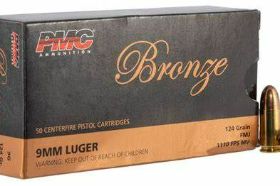PMC BRONZE 9MM LUGER AMMO 124 GRAIN FULL METAL JACKET - 9G PMC Bronze 9mm Luger Ammo 124 Grain Full Metal Jacket ammo for sale online at cheap discount prices with free shipping on bulk ammo available including this PMC 9mm Luger ammunition only at our online store TargetSportsUSA.com. Target Sports USA has the entire line of PMC Bronze ammo for sale online with free shipping on bulk ammo including this PMC Bronze 9mm Luger Ammo 124 Grain Full Metal Jacket. PMC Bronze 9mm Luger Ammo 124 Grain Full Metal Jacket ammo review offers the following information: No other manufacturer can assure greater uniformity and reliability than PMC! 9mm Luger ammo by PMC Bronze is new production, non-corrosive, and features boxer primers and brass casing. Bronze ammo is reloadable up to 5 times for those high volume shooters who love to reload their 9mm Luger ammo. PMC Bronze 9mm Luger offers a muzzle velocity of 1110 feet per second and a muzzle energy of 339 ft lbs. This round is designed to be the perfect choice for target shooting and practice so you can work on improving your skills without worrying about your ammo. This PMC Bronze 9mm Luger is packaged in boxes of 50 rounds and cases of 1000 rounds. Free shipping is available on bulk orders of this 9mm Luger ammo from Target Sports USA. PMC (Precision Made Cartridges) Ammunition is a division of Poongsan Corporation that produces carefully crafted ammo with brass and other components manufactured in house, eliminating the need for dependence on outside suppliers. This translates to reliable quality control and top quality ammo that is always compliant with either SAAMI or US Military Specification standards. Between the quality assurance and the great value, PMC ammo can be depended on with each round. Bronze ammo is reloadable up to 5 times for those high volume shooters who love to reload their 9mm Luger ammo This round is designed to be the perfect choice for target shooting and practice so you can work on improving your skills without worrying about your ammo This PMC Bronze 9mm Luger is packaged in boxes of 50 rounds and cases of 1000 rounds MPN 9G UPC 7741569070300 Manufacturer PMC AMMO Caliber 9MM LUGER AMMO Bullet Type Full Metal Jacket Muzzle Velocity 1110 fps Muzzle Energy 339 ft. lbs Primer Boxer Casing Brass Ammo Rating Target & Practice 9mm Luger Ammo