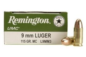 REMINGTON UMC 9MM LUGER AMMO 115 GRAIN FULL METAL JACKET - L9MM3 Remington UMC 9mm Luger Ammo 115 Grain Full Metal Jacket ammo for sale online at cheap discount price with free shipping on bulk ammo available including this 9mm Luger ammunition from Remington only at our online store TargetSportsUSA.com. Target Sports USA carries the entire line of Remington UMC ammo for sale online with free shipping on bulk ammo orders including this Remington UMC 9mm Luger Ammo 115 Grain Full Metal Jacket. Remington UMC 9mm Luger Ammo 115 Grain Full Metal Jacket review offers the following information; Remington UMC ammo featured virgin brass never fired brand new brass casings for those shooters that like to reload their 9mm ammunition. It also features a non corrosive boxer primer and a lead core full metal jacket bullet. This Remington 9mm ammo load offers a muzzle velocity of 1135 feet per second and muzzle energy of 328 ft lbs. With consistent reliability, smooth feeding and no jams, this Remington UMC 9mm ammo is perfect ammunition for target and practice shooting. High volume shooters can enjoy more time at the range without breaking their bank buying more expensive 9mm ammunition. Therefore, Remington UMC line of ammo offers cheap 9mm ammo, so target and practice shooting can be an enjoyable activity again. As the oldest company in US still making the original product, Remington is a name you can trust! The UMC division makes only first-quality product, in a limited line of popular specifications, so they can bring you the benefit of manufacturing efficiencies that keep costs low. The rifle and handgun ammunition made today is the product of 140 years of design innovation and manufacturing excellence. Whether for practice, target shooting or training exercises, UMC ammunition is a superb choice for high volume shooting and hunting. This ammunition is a new production and non-corrosive featuring brass cases, and boxer primers 9mm Luger by Remington in packaged in boxes of 50 and cases of 1000. Also remember, free shipping on bulk Remington UMC 9mm Luger ammo purchases. The UMC division makes only first-quality product, in a limited line of popular specifications, so they can bring you the benefit of manufacturing efficiencies that keep costs low. This Remington 9mm ammo load offers a muzzle velocity of 1135 feet per second and muzzle energy of 328 ft lbs. High volume shooters can enjoy more time at the range without breaking their bank buying more expensive 9mm ammunition. MPN L9MM3 UPC 047700069807 Manufacturer REMINGTON AMMO Caliber 9MM LUGER AMMO Bullet Type Full Metal Jacket Muzzle Velocity 1135 fps Muzzle Energy 329 ft. lbs Primer Boxer Casing Brass Casing Ammo Rating Target & Practice 9mm Luger Ammo