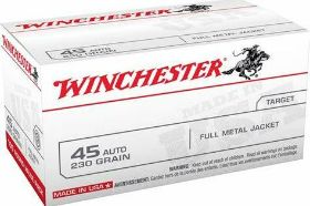 WINCHESTER USA 45 ACP AUTO AMMO 230 GRAIN FULL METAL JACKET - Q4170 Winchester USA 45 ACP AUTO Ammo 230 Grain Full Metal Jacket ammo for sale online at cheap discount prices with free shipping available on bulk 45 ACP Auto ammunition only at our online store TargetSportsUSA.com. Target Sports USA carries the entire line of Winchester ammunition for sale online with free shipping on bulk ammo including this Winchester USA 45 ACP AUTO Ammo 230 Grain Full Metal Jacket. Winchester USA 45 ACP AUTO Ammo 230 Grain Full Metal Jacket ammo review offers the following information; Winchester USA 45 ACP AUTO Ammo features a 230 Grain Full Metal Jacket bullet that is lead core copper plated and non-magnetic. This 45 ACP auto ammo comes packaged in a box of 50 rounds and 1000 rounds per case with free shipping available on full case quantities. Winchester 45 ACP AUTO ammo is made out of brand new never fired virgin brass casing that can be reloaded for those high volume shooters that love to reload their bulk 45 ACP AUTO ammunition. It is boxer primer and non corrosive. This Winchester 45 ACP AUTO ammo has a muzzle velocity of 835 feet per second and muzzle energy of 356 ft. lbs. Founded in 1866 in New Haven, CT Winchester is as American as apple pie. One of the most commonly used manufacturers for a wide range of shooting needs, Winchester USA is an outstanding pick due to its reliability, consistency and durability. From the start Winchester was one of the top designers of rifle ammunition and were the first to introduce some of the top rifle calibers that are still used by marksmen today. Similar to the rifle line, this 45 ACP AUTO is prime example of the quality and care that goes into Winchester ammo. Loaded with a full metal jacket bullet, which is known for its positive operating and extraordinary accuracy, this 45 ACP Auto ammo was developed for high volume shooters. 45 ACP AUTO ammo by Winchester is a reloadable, non-corrosive ammunition that features brass cases and Boxer primers. This 45 ACP AUTO bullet does not expand on impact and is ideal for target shooting Winchester USA ammunition was developed to provide excellent performance at an affordable price for the high volume shooter. Winchester USA 45 ACP AUTO Ammo is world renowned for its consistency MPN Q4170 UPC 020892201910 Manufacturer WINCHESTER AMMUNITION Caliber 45 ACP AUTO AMMO Bullet Type Full Metal Jacket Muzzle Velocity 835 fps Muzzle Energy 356 ft. lbs Primer Boxer Casing Brass Casing Ammo Rating Plinking and Target 45 ACP Auto Ammo