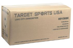 TARGET SPORTS USA LAKE CITY 5.56MM NATO XM193 BULK AMMO 55 GRAIN FMJ 1000 ROUNDS - M193BK Target Sports USA Lake City 5.56mm NATO Ammo 55 Grain Full Metal Jacket 1000 Rounds Bulk for sale online at cheap discount prices with free shipping available on bulk 5.56mm NATO ammunition only at our online store TargetSportsUSA.com. Target Sports USA Lake City 5.56mm NATO Ammo 55 Grain Full Metal Jacket 1000 Rounds Bulk review offers the following information; Lake City Ammunition has been loaded and passed true NATO specifications. This is the same ammunition that is currently being used by the US Military and met their strict quality assurance standards and specifications. This Lake City 5.56mm M193 NATO ammunition is the perfect example of superiority that goes into making Lake City ammo with its re-loadable brass casing and finely designed boxer primers. Like any Lake City products, the M193BK product is brand new, original, first quality product manufactured at Lake City Army Ammunition Plant for Target Sports USA and is made to Target Sports USA specifications typical for commercial ammunition. The 5.56mm ammo features brand new virgin never fired annealed brass casings, a lead core full metal jacket bullet which is not magnetic, and a non corrosive primer. This Lake City 5.56mm ammo can be reloaded up to 7 times for those shooters that reload their 5.56mm NATO ammunition. Lake City M193BK 5.56mm delivers a muzzle velocity of 3240 feet per second and muzzle energy of 1282 ft. lbs. Free Shipping on bulk Target Sports USA Lake City 5.56mm Ammo Perfect for any AR-15 Rifles, Lake City M193BK ammunition features a non-magnetic FMJ Bullet