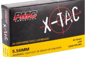 PMC X-TAC 5.56X45MM NATO AMMO M855 62 GRAIN GREEN TIP FULL METAL JACKET - 5.56K PMC X-Tac 5.56x45mm NATO Ammo M855 62 Grain Green Tip Full Metal Jacket ammo review offers the following information; The X-Tac PMC 5.56mm ammo features a green tip 62 Grain steel core penetrating bullet. This full metal jacket ammo is made with a non-corrosive boxer primer and brand new never fired brass casing. All components are quality controlled in house by PMC to assure you receive a better product with consistently reliable parts. Like all PMC ammo, this X-Tac ammo can be reloaded up to 5 times for those high volume shooters that love to reload their 5.56mm NATO ammunition. X-Tac Green Tip ammo is the perfect choice for target shooting and practice or for personal protection. PMC X-Tac 5.56mm NATO 62 Grain Green Tip Ammo offers an impressive muzzle velocity of 3100 feet per second and muzzle energy of 1323 ft lbs. X-Tac 5.56mm is packaged in boxes of 20 rounds and cases of 1000 rounds (50 boxes of 20 rounds per case). PMC Ammunition produces precision made cartridges with brass and other components manufactured in house, without dependence on outside suppliers. This translates to reliable quality control and top quality ammo that is always compliant with either SAAMI or US Military Specification standards. Between the quality assurance and the great value, PMC ammo can be depended on with each round. This full metal jacket ammo is made with a non-corrosive boxer primer and brand new never fired brass casing this X-Tac ammo can be reloaded up to 5 times for those high volume shooters that love to reload their 5.56mm NATO ammunition X-Tac ammo is the perfect choice for target shooting and practice or for personal protection MPN 5.56K UPC 741569010122 Manufacturer PMC AMMO Caliber 5.56MM AMMO Bullet Type Full Metal Jacket Muzzle Velocity 3100 fps Muzzle Energy 1323 ft. lbs Primer Boxer Casing Brass Casing Ammo Rating Personal Protection & Target Shooting 5.56mm Ammo