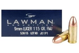 SPEER LAWMAN 9MM LUGER AMMO 115 GRAIN TOTAL METAL JACKET - 53615 Speer Lawman 9mm Luger Ammo 115 Grain Total Metal Jacket for sale online at cheap discount prices with free shipping available on bulk 9mm Luger ammunition only at our online store TargetSportsUSA.com. Target Sports USA carries the entire line of Speer Lawman ammunition for sale online with free shipping on bulk ammo including this Speer Lawman 9mm Luger Ammo 115 Grain Total Metal Jacket. Speer Lawman 9mm Luger Ammo 115 Grain Total Metal Jacket ammo review offers the following information; Developed as a dual line for both law enforcement and sports shooters 35 years ago, the Lawman line has been earning its well-deserved status with its reliable, durable and superior preforming handgun ammunition. Speer Lawman completed its 9mm Luger ammunition to be Total Metal Jacket or orthodox Full Metal Jacket depending on the product. Settled in Lewiston, ID, Speer ammunition has been synonymous with safety for Law Enforcement for years and the Lawman line built the reputation line from the ground up! Without a doubt, Speer Lawman remains the best choice and this is the best quality law enforcement on the market- period. This Speer Lawman 9mm Luger ammunition is loaded with a 115 grain Total Metal Jacket bullet. Speer Lawman completed its 9mm Luger ammunition to be Total Metal Jacket or orthodox Full Metal Jacket depending on the product. The Total Metal Jacket bullet is the perfect pick for target shooting, training, or out for the day plinking away at the range. This 9mm Luger ammo offers a muzzle velocity of 1200 feet per second and a muzzle energy of 367 ft lbs. Speer Lawman packages this 9mm Luger ammo in boxes of 50 rounds and cases of 1000 rounds. Order a case of bulk 9mm Luger ammo by Speer Lawman, receive free shipping from Target Sports USA. The Lawman line has been earning its well-deserved status with its reliable, durable and superior preforming handgun ammunition TMJ is a clean burning powder and primers means almost no toxic airborne metals at the firing line CCI primers and Speer bullets, Lawman Ammunition is a great mixture of budget and presentation MPN 53615 UPC Manufacturer SPEER LAWMAN AMMO Caliber 9MM LUGER AMMO Bullet Type Total Metal Jacket Muzzle Velocity 1200 fps Muzzle Energy 368 ft. lbs Primer Boxer Casing Brass Casing Ammo Rating Target & Practice 9mm Luger Ammo