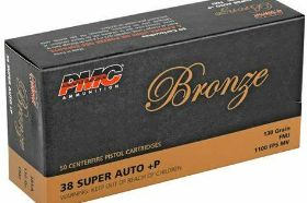 PMC, Bronze, 38 Super +P, 130 Grain, Full Metal Jacket, 50 Round Box WARNING Bullet Weight: 130 Grain Velocity: 1100 FPS Rounds Per Box: 50 Product Description Regardless of the PMC ammunition you choose, you can always depend on PMC products, quality measured by dependability, safety, performance and downrange accuracy. Specifications UPC 741569070126 Manufacturer PMC Manufacturer Part # 38SA Model Bronze Caliber 38 Super Grain Weight 130Gr Type Full Metal Jacket Units per Box 50 Units per Case 1000 Subcategory Handgun Ammunition
