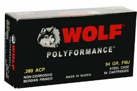 WOLF POLYFORMANCE 380 ACP AUTO AMMO 94 GRAIN FMJ STEEL CASE - 917FMJ Wolf Polyformance 380 ACP AUTO Ammo 94 Grain FMJ Steel Case ammo for sale online at cheap discount prices with free shipping available on bulk 380 ACP Auto ammunition only at our online store TargetSportsUSA.com. Target Sports USA carries the entire line of Wolf ammunition for sale online with free shipping on bulk ammo including this Wolf Polyformance 380 ACP AUTO Ammo 94 Grain FMJ Steel Case. Wolf Polyformance 380 ACP AUTO Ammo 94 Grain FMJ Steel Case ammo review offers the following information; Newly manufactured Wolf WPA Polyformance; this ammo is manufactured in one of Wolf's legendary production facilities in Russia. Wolf ammunition is as rugged as the country it comes from. If you're looking for a great value in a steel-cased 380 Auto (ACP) round, you've found it with Wolf WPA. This stuff performs great under all conditions. From the frozen Russian Tundra to the African Serengeti to your neighborhood range, this ammo does it all and does it well thanks to its polymer coating that ensures smooth feeding and extraction. MPN 917FMJ UPC 645611917110 Manufacturer WOLF MILITARY AMMO Caliber 380 ACP AUTO AMMO Bullet Type FMJ-Full Metal Jacket Muzzle Velocity 1010 fps Muzzle Energy ft. lbs Primer Boxer Casing Steel Case Ammo Rating Range Training 380 ACP Auto Ammo